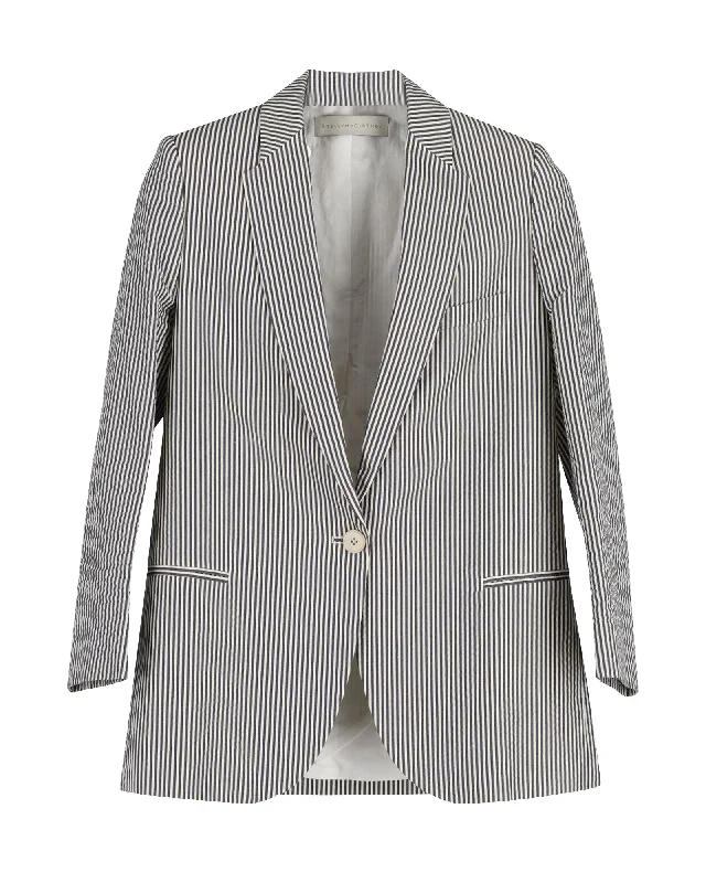 High-end maxi dressesHigh-end midi dressesHigh-end mini dressesExpensive sweatersWomen's date night jacketsStella Mccartney Striped Single-Breasted Blazer in Black Print Seersucker Cotton Elegant Tweed Blazer