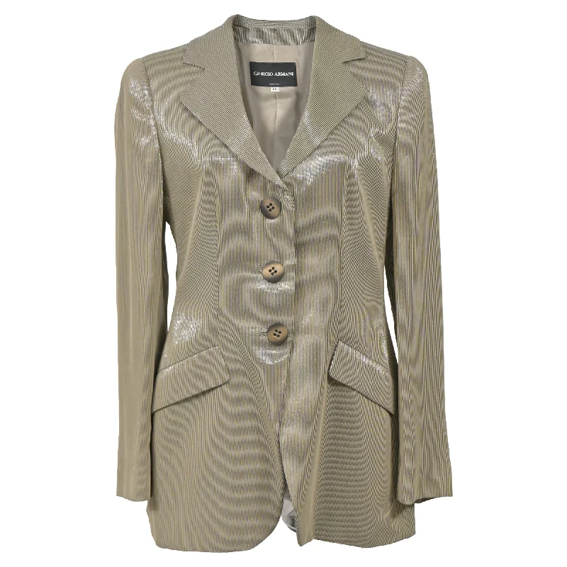 Red carpet maxi dressesRed carpet midi dressesRed carpet mini dressesHoliday sweatersWomen's reflective jacketsGiorgio Armani Sheered Stripe Single-Breasted Blazer in Beige Polyester Stylish Women’s Blazer