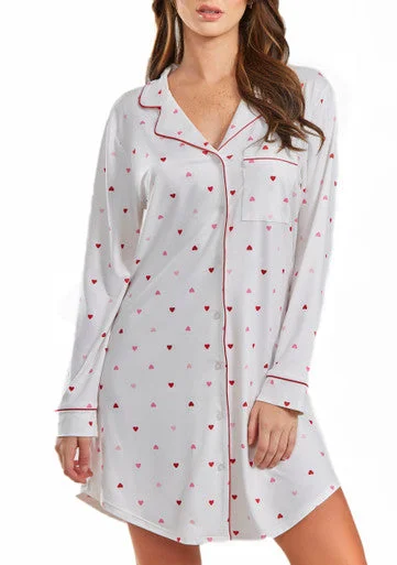 Chiffon maxi dressesChiffon midi dressesChiffon mini dressesAcrylic sweatersWomen's suede jacketsLilly Heart Print Button Down Sleep Shirt with Contrast Red Trim Bamboo pajama sets