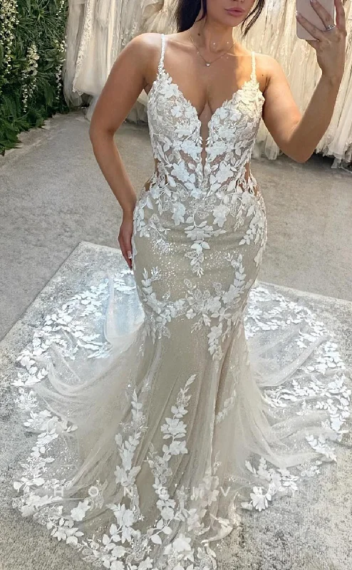 Long sleeve maxi dressesLong sleeve midi dressesLong sleeve mini dressesV-neck sweatersWomen's trendy jacketsH1703 - V-Neck Spaghetti Straps Lace Applique Sheer Trumpet Wedding Dress Glamorous Wedding Dress