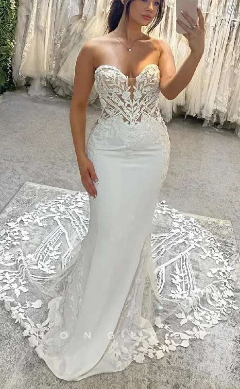 Casual maxi dressesCasual midi dressesCasual mini dressesKids' sweatersWomen's lightweight jacketsH1704 - Trumpet Sweetheart Strapless Appliques Illusion With Lace Train Wedding Dress Satin Bridal Gown