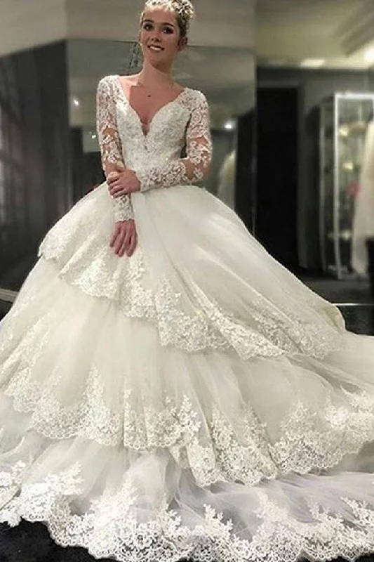 Edgy maxi dressesEdgy midi dressesEdgy mini dressesStreetwear sweatersWomen's transitional jacketsIvory Deep V-Neck Long Sleeves Lace Appliques Chapel Train Tiered Wedding Dress N2083 Beaded Wedding Gown