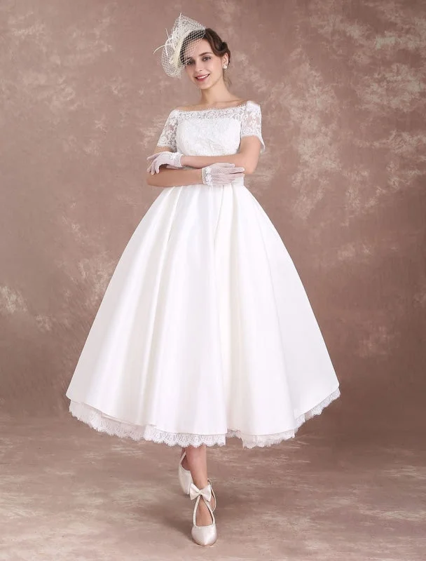 Glamorous maxi dressesGlamorous midi dressesGlamorous mini dressesFashionable sweatersWomen's cool weather jacketsShort Wedding Dresses Vintage Bridal Dress 1950'S Bateau Lace Short Sleeve Ivory Bow Sash Tea Length Wedding Reception Dress Exclusive Off-shoulder Gown