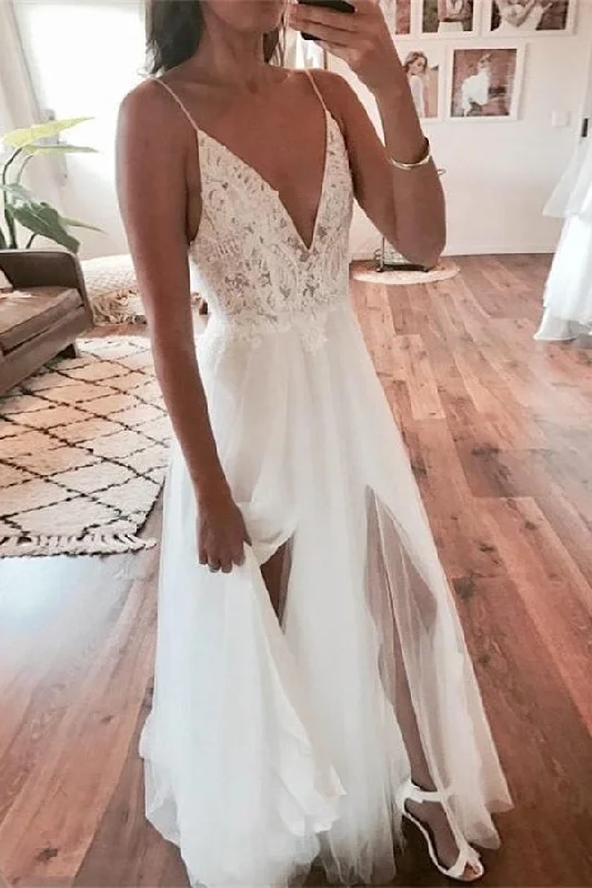 Spring maxi dressesSpring midi dressesSpring mini dressesParty sweatersWomen's breathable jacketsIvory A-line V-neck Spaghetti Straps Long Lace Tulle Beach Wedding Dress Full Length Gown