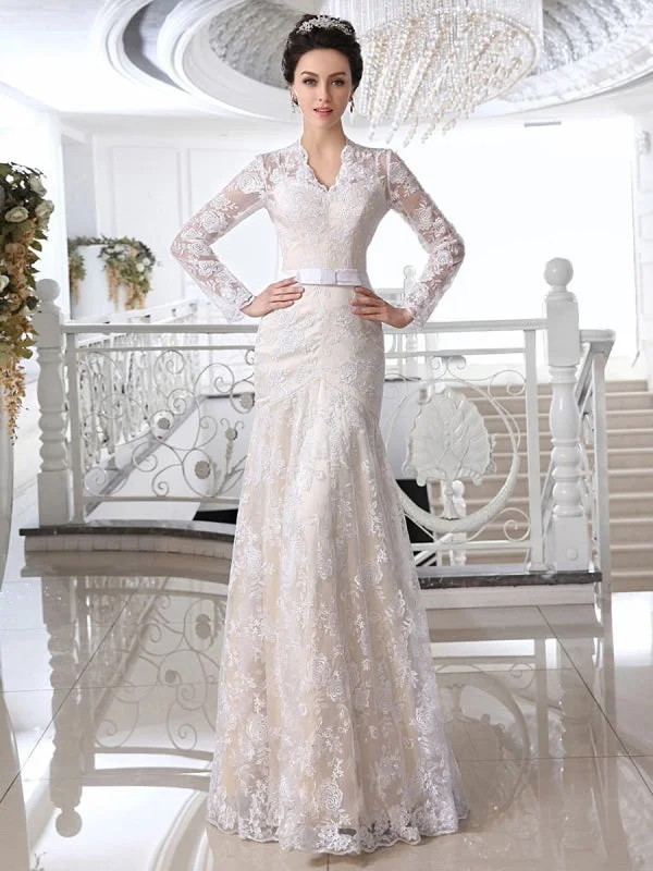 Edgy maxi dressesEdgy midi dressesEdgy mini dressesStreetwear sweatersWomen's transitional jacketsWedding Dresses Lace Champagne Bridal Dress V Neck Long Sleeve Illusion Sheath Bow Sash Floor Length Wedding Gown Beaded Wedding Gown