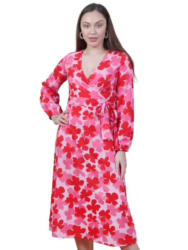 Cotton maxi dressesCotton midi dressesCotton mini dressesWool sweatersWomen's denim jacketsMiga's Women 100% Poly Crepe, V-Neck, Printed and Puff Sleeve, Red, Fit & Flare Midi Dress Cotton midi dresses