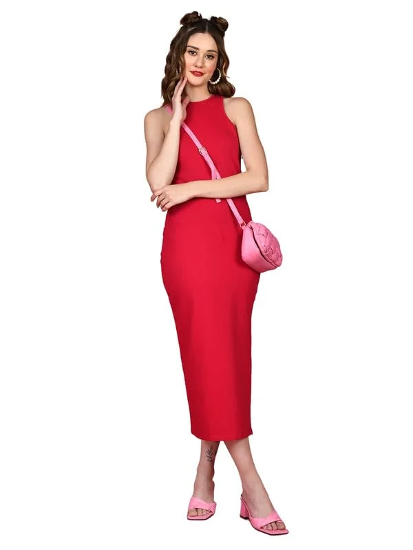 Summer party maxi dressesSummer party midi dressesSummer party mini dressesWork sweatersWomen's windproof jacketsZink Z Women's Red Solid Fitted Midi Dress Summer party midi dresses