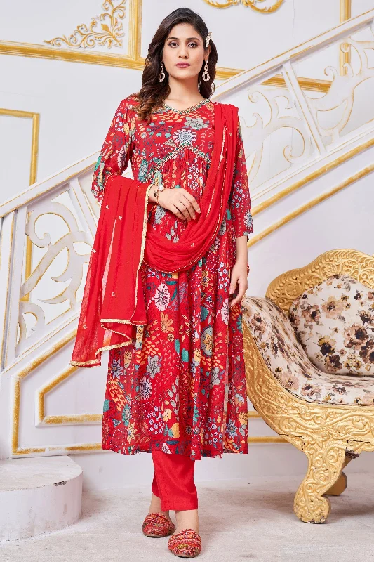 High-end maxi dressesHigh-end midi dressesHigh-end mini dressesExpensive sweatersWomen's date night jacketsChinon Fabric Fancy Printed Readymade Anarkali Salwar Kameez In Red Color High-end floral dresses