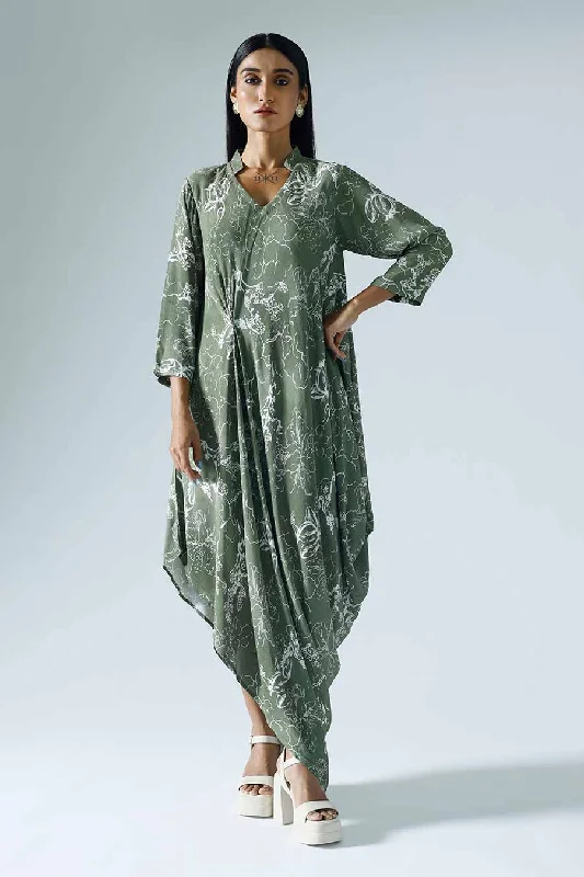 Graduation maxi dressesGraduation midi dressesOffice mini dressesOutdoor sweatersWomen's work jacketsGreen Printed Bloom Draped Dress Formal floral dresses