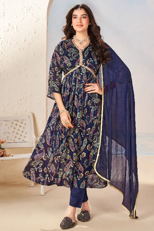 Designer maxi dressesDesigner midi dressesDesigner mini dressesPremium sweatersWomen's streetwear jacketsNavy Blue Color Printed Readymade Anarkali Salwar Kameez In Chinon Fabric Designer floral dresses