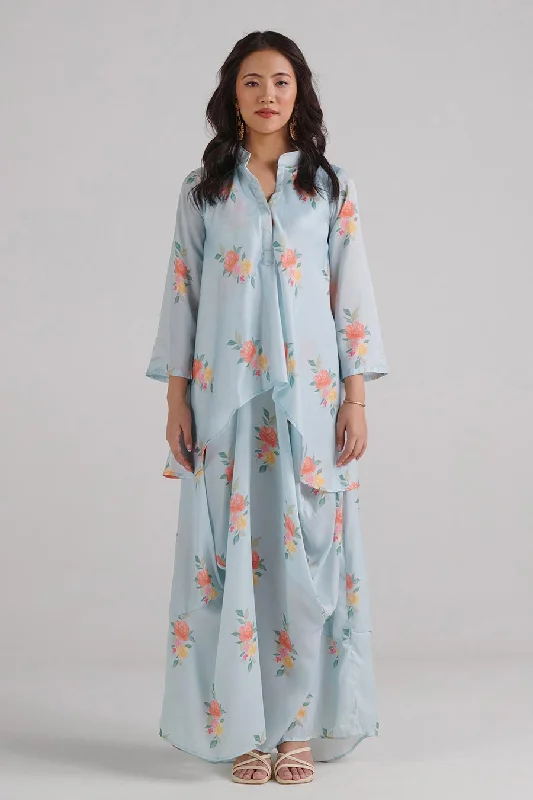 Flattering maxi dresses for all body typesFlattering midi dresses for all body typesFlattering mini dresses for all body typesLightweight sweaters for springWomen's smart jacketsBaby Blue Floral Print Dhoti-Kurti Dress Flattering floral dresses for all body types