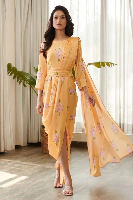 Sleeveless maxi dressesSleeveless midi dressesSleeveless mini dressesCrewneck sweatersWomen's stylish jacketsYellow Floral Print Draped Saree Dress Maxi floral dresses