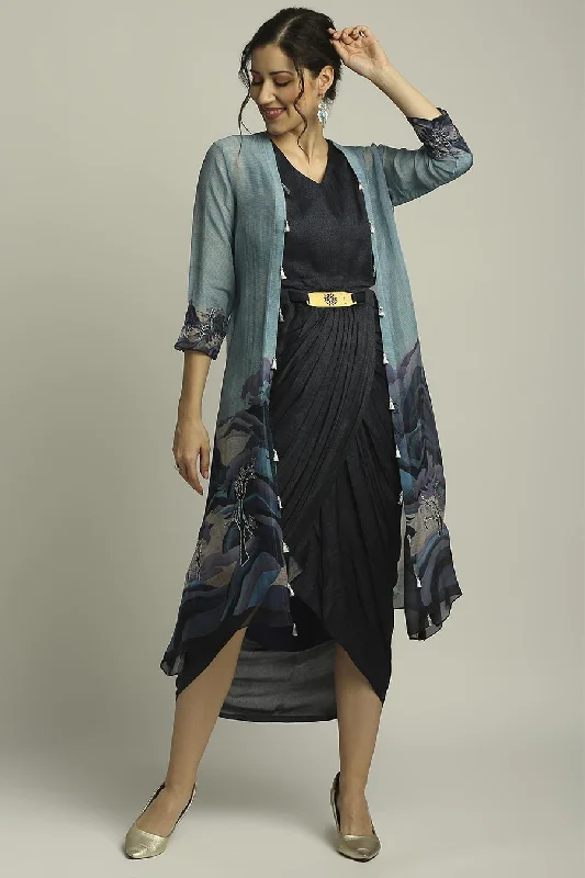 H&M maxi dressesH&M midi dressesH&M mini dressesAdidas sweatersWomen's oversized jacketsBlue Printed Drape Dress With Jacket H&M floral dresses