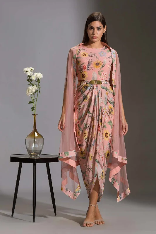 Discounted maxi dressesDiscounted midi dressesDiscounted mini dressesHigh-end sweatersWomen's wedding guest jacketsPink Floral Drape Dress & Cape Set Discounted floral dresses