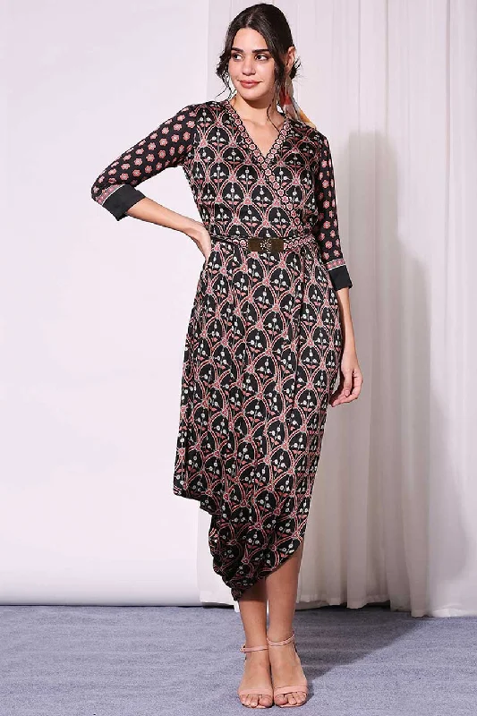 New Year's Eve maxi dressesNew Year's Eve midi dressesNew Year's Eve mini dressesTravel sweatersWomen's lined jacketsBlack Printed Drape Dress with Belt New Year's Eve floral dresses