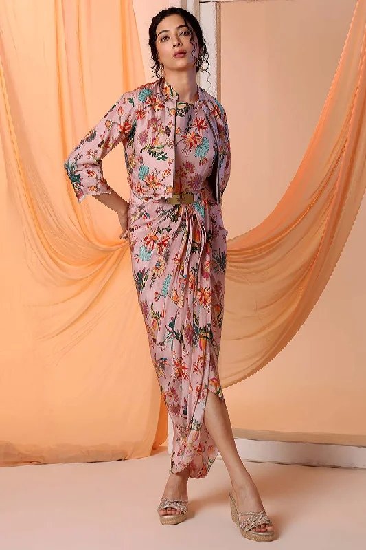 Best maxi dresses for elegant looksBest midi dresses for elegant looksBest mini dresses for elegant looksBest sweaters for formal occasionsWomen's discounted jacketsPink Arani Printed Drape Dress & Jacket Set Best floral dresses for elegant looks