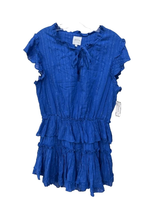 Elegant maxi dressesElegant midi dressesElegant mini dressesCropped sweatersWomen's casual jacketsMisa Size L Blue Cotton Metallic Thread Tiered Cap Sleeve Ruffle Detail Dress Casual unclassified dresses