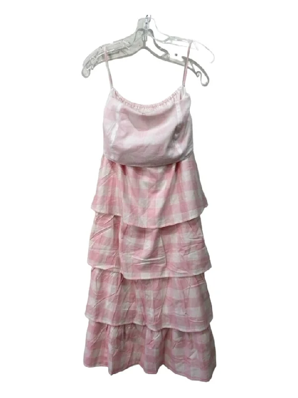 Flowy maxi dressesFlowy midi dressesFlowy mini dressesMoisture-wicking sweatersWomen's Adidas jacketsSue Sartor Size S Pink & White Cotton Gingham Ruffled Tiered Tie Back Dress Knitted unclassified dresses