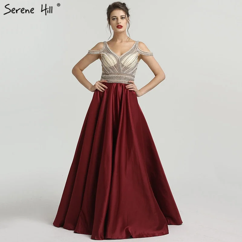 Knitted maxi dressesKnitted midi dressesKnitted mini dressesSilk-blend sweatersWomen's puffer jacketsWine Red V-Neck Satin Evening Gowns Sleeveless Beading Crystal A-Line Prom Dress LA6183 Short unclassified dresses