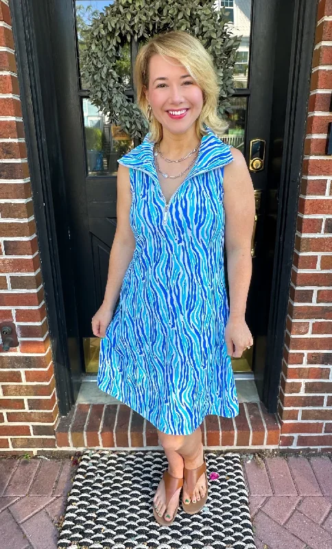 Birthday maxi dressesBirthday midi dressesBirthday mini dressesWeekend sweatersWomen's reversible jacketsLulu B Vertical Blue Zebra Sleeveless Zip Swing Dress Bright color unclassified dresses