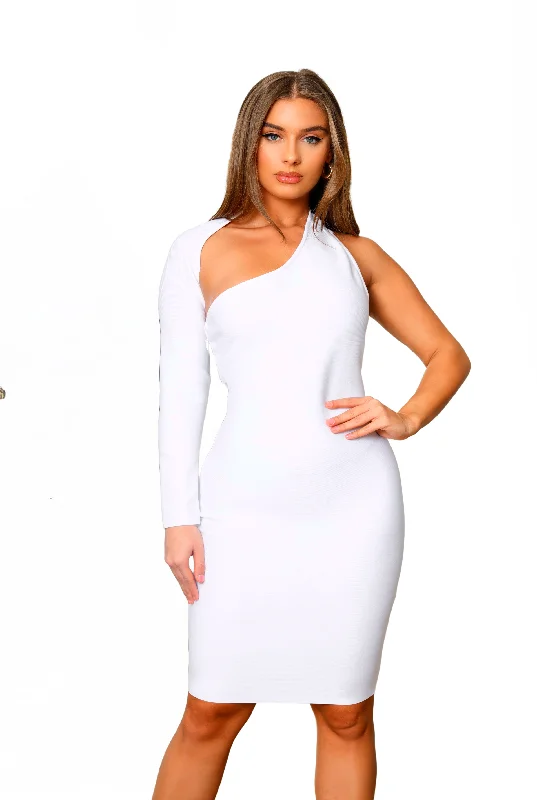 Goth maxi dressesGoth midi dressesGoth mini dressesEdgy sweatersWomen's all-season jackets"Micaela" One Sleeve Bandage Dress- White Preppy unclassified dresses