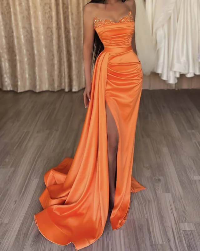 Goth maxi dressesGoth midi dressesGoth mini dressesEdgy sweatersWomen's all-season jacketsMermaid Beaded V-neck Orange Satin Slit Prom Dress Preppy unclassified dresses