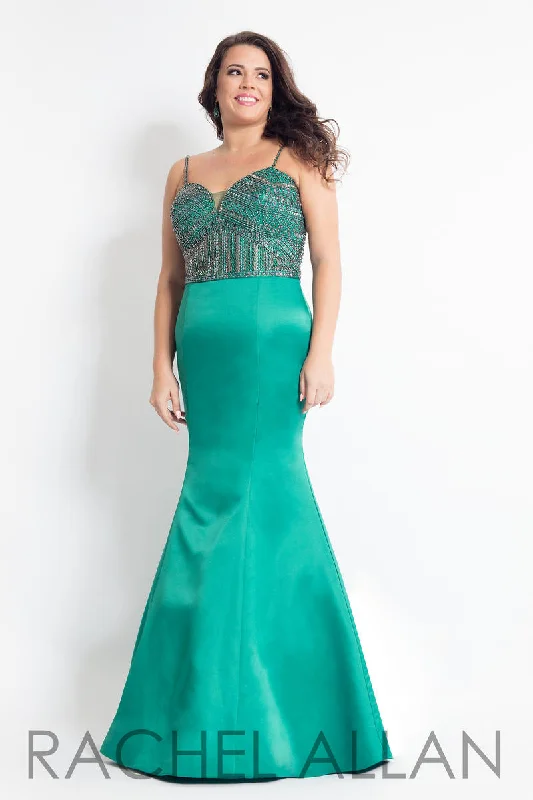 Boho maxi dressesBoho midi dressesBoho mini dressesElegant sweatersWomen's spring jacketsRachel Allan 6303 Emerald Green Matte Satin Mermaid Dress - Size 26 High-low unclassified dresses