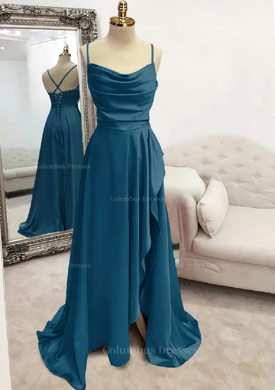 Wedding guest maxi dressesWedding guest midi dressesWedding guest mini dressesWinter sweatersWomen's hiking jacketsA-line Bateau Spaghetti Straps Long/Floor-Length Satin Prom Dress With Pleated Split Midi Maxi Skirt