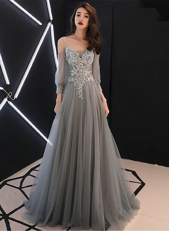 Elegant maxi dressesElegant midi dressesElegant mini dressesCropped sweatersWomen's casual jacketsGrey Long Sleeves Tulle with Flowers Formal Dress, A-line Grey Prom Dress Floral Maxi Skirt