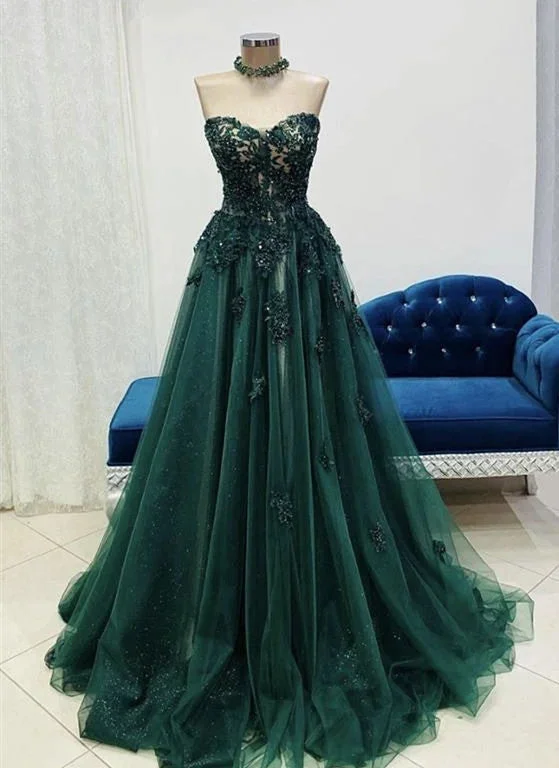 Red carpet maxi dressesRed carpet midi dressesRed carpet mini dressesHoliday sweatersWomen's reflective jacketsTulle with Lace Applique Sweetheart Long Formal Dress, Green Floor Length Prom Dress Long Floral Skirt