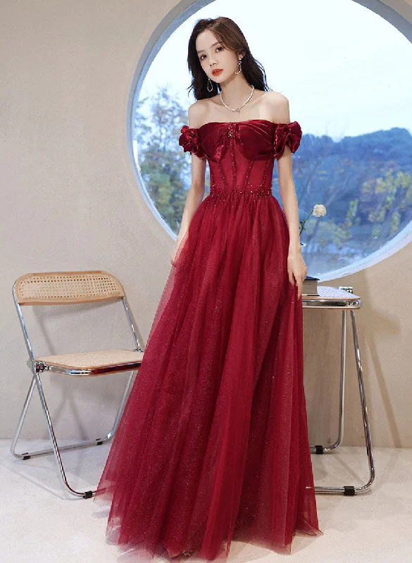 Denim maxi dressesDenim midi dressesDenim mini dressesFleece sweatersWomen's cotton jacketsWine Red Tulle Off Shoulder Beaded Shiny Long Prom Dress, Wine Red Evening Dress Trendy Maxi Skirt