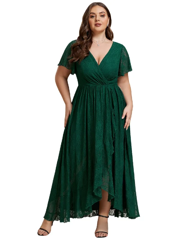 Best maxi dresses for petitesBest midi dresses for petitesBest mini dresses for petitesBest sweaters for winterWomen's affordable jacketsShort Sleeve Ruffled V-Neck A-Line Lace Evening Dress | Dark Green Elegant Lace Design