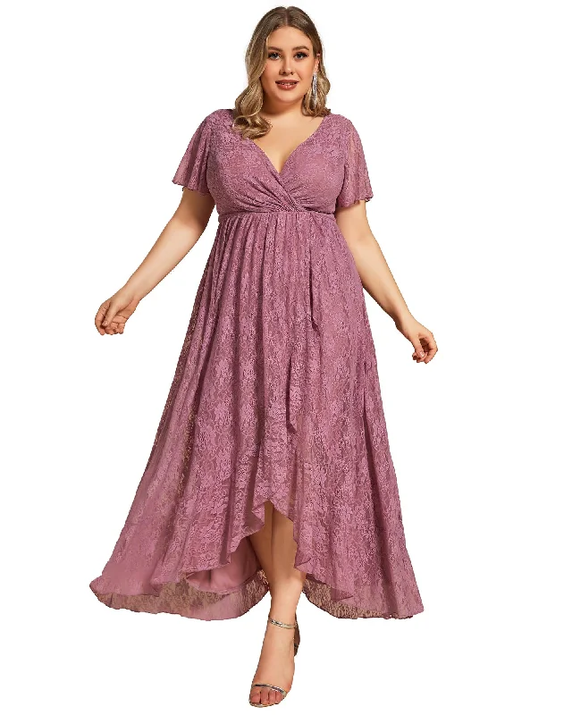 New Year's Eve maxi dressesNew Year's Eve midi dressesNew Year's Eve mini dressesTravel sweatersWomen's lined jacketsShort Sleeve Ruffled V-Neck A-Line Lace Evening Dress | Purple Orchid Lace Dress Flare